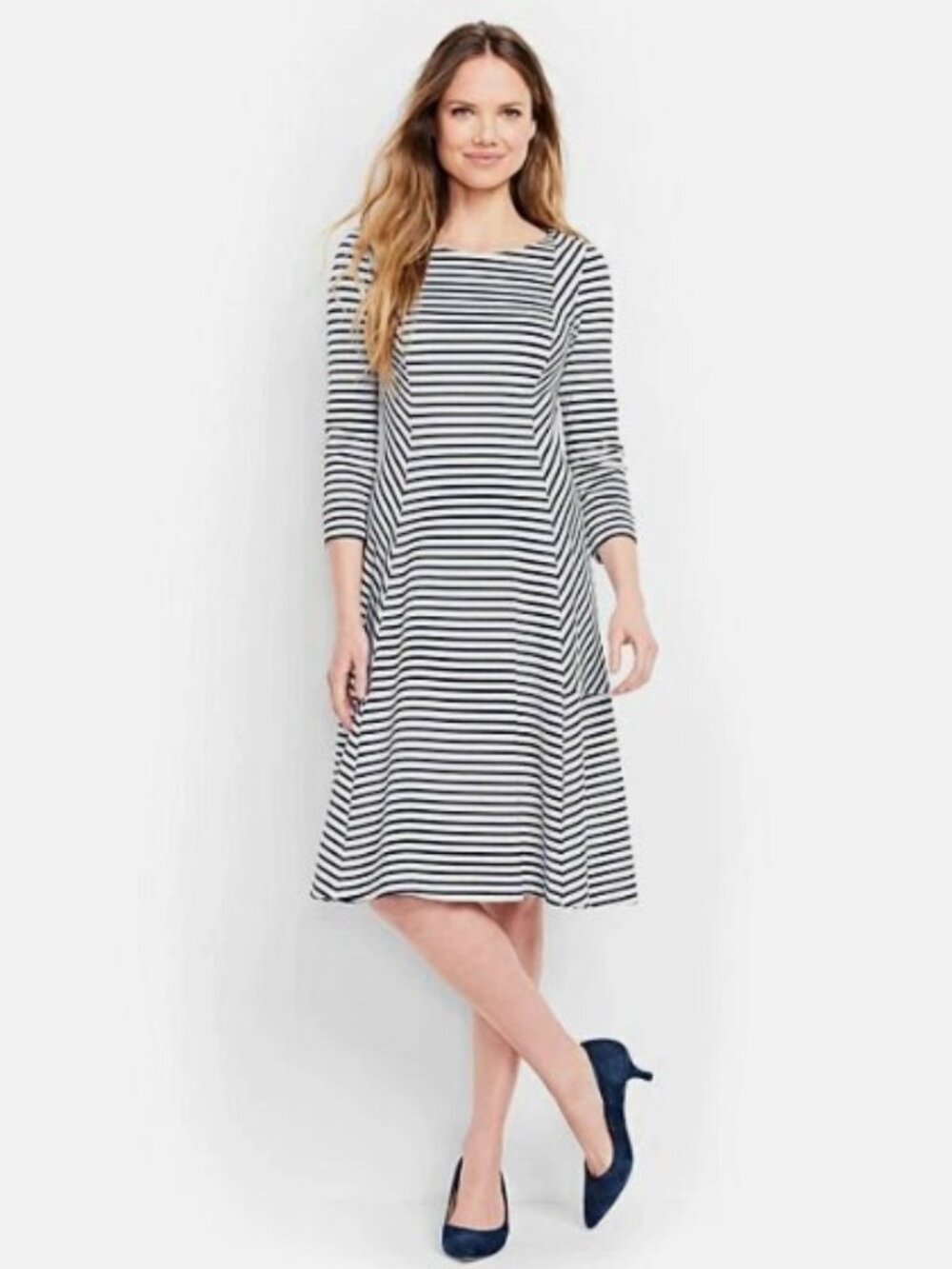 NWOT LANDS' END 3/4 Sleeve Flounce Black White Striped Dress Medium